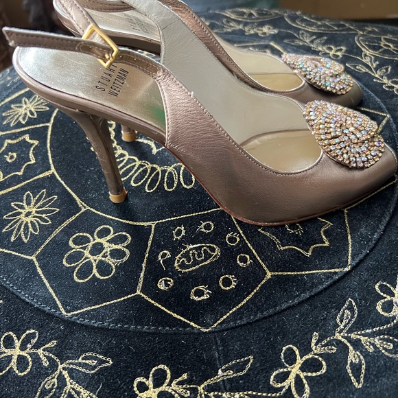 Stuart Weitzman 7 Rhinestone Heels Bronze Slingback Leather Shoes Metallic - Picture 11 of 15